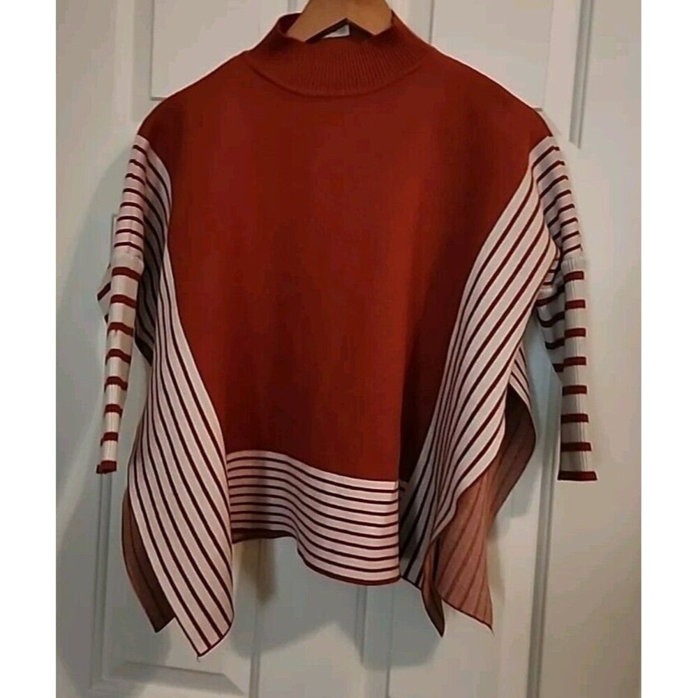 She & Sho Boho Sweater Ponch Burnt Orange Striped Size Small Mock-Neck